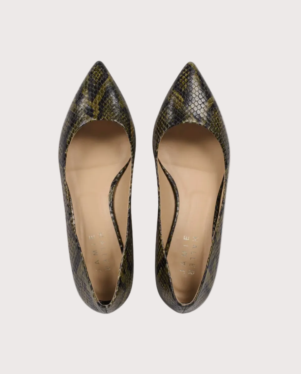 The Kitty Point Heel Olive Snake