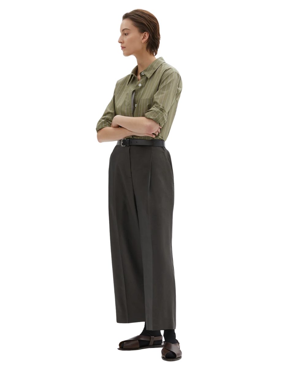 Pleated Front Cropped Trousers Linen Silk Seaweed