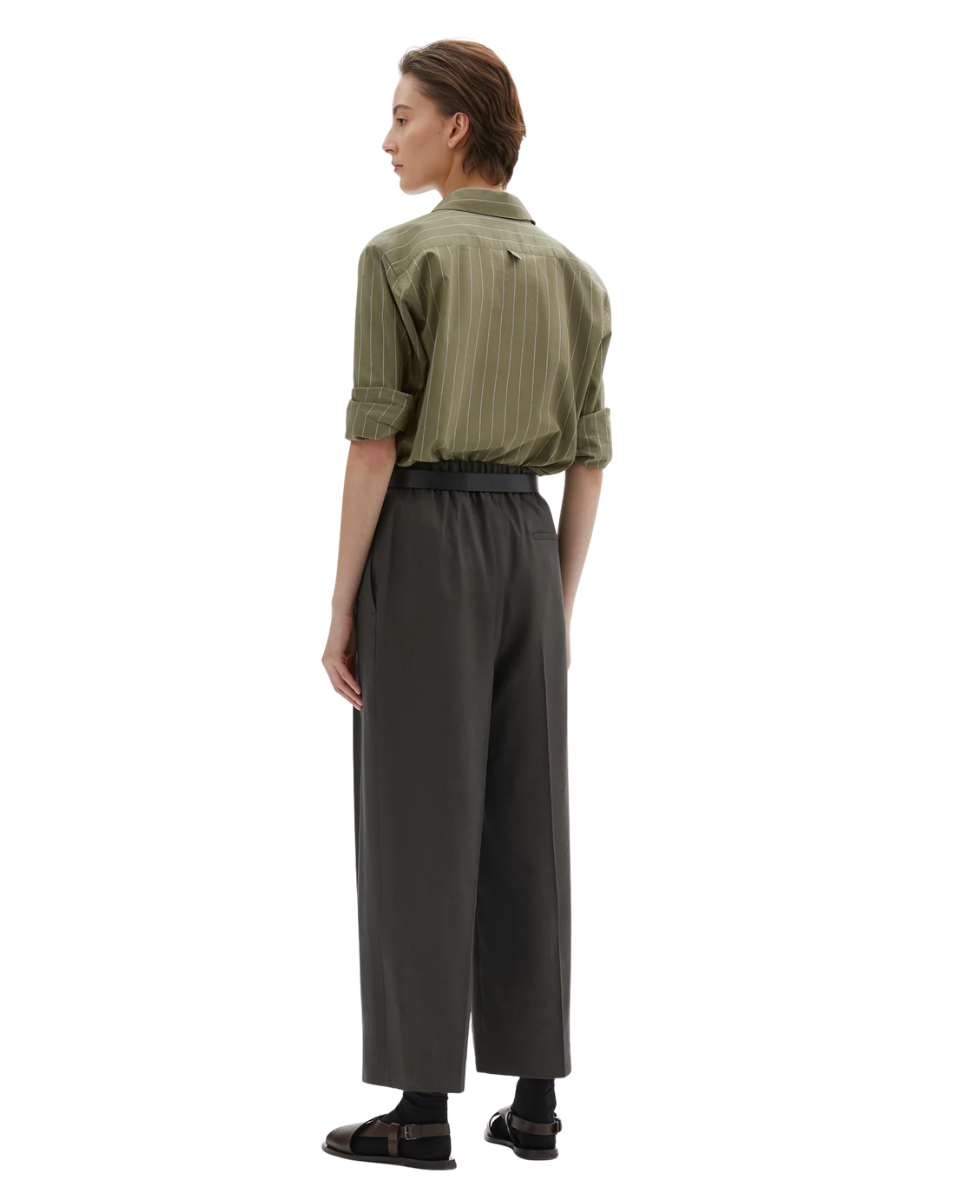Pleated Front Cropped Trousers Linen Silk Seaweed