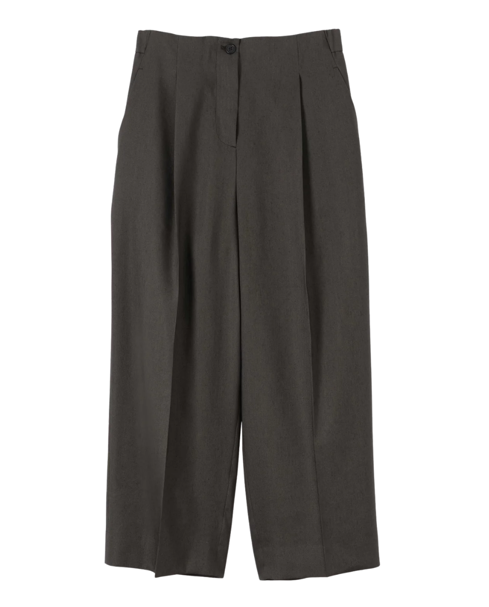 Pleated Front Cropped Trousers Linen Silk Seaweed