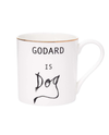 White mug with 'GODARD IS DOG' text and dog silhouette on a white background