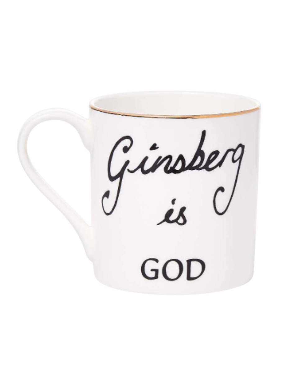 White mug with black text 'Ginsberg is GOD' on a white background