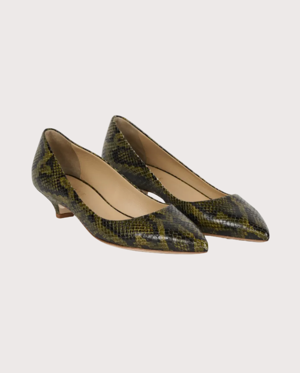 The Kitty Point Heel Olive Snake